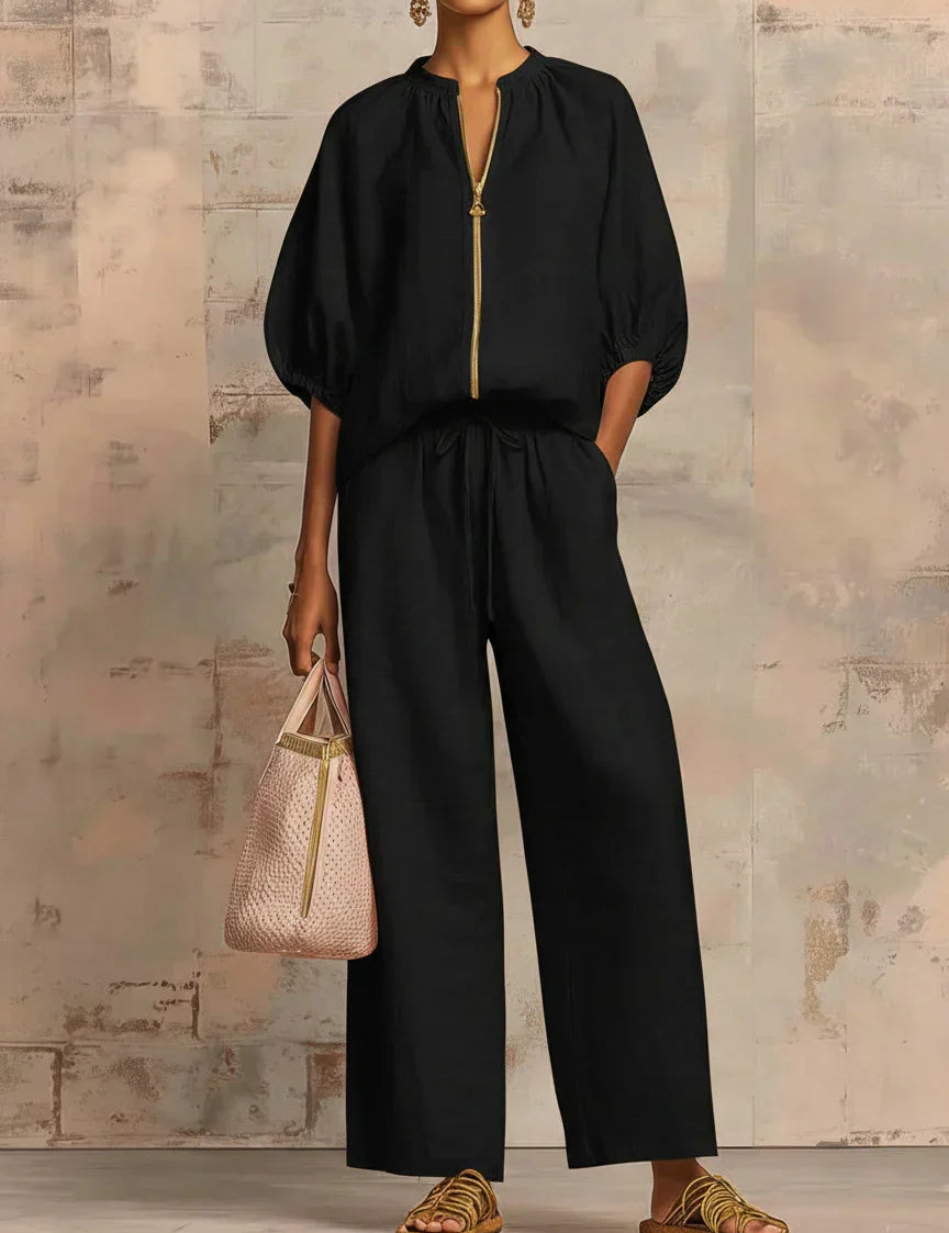 Henrietta Zweiteiliges Outfit mit Bluse und lockerer Hose, Nahaufnahme