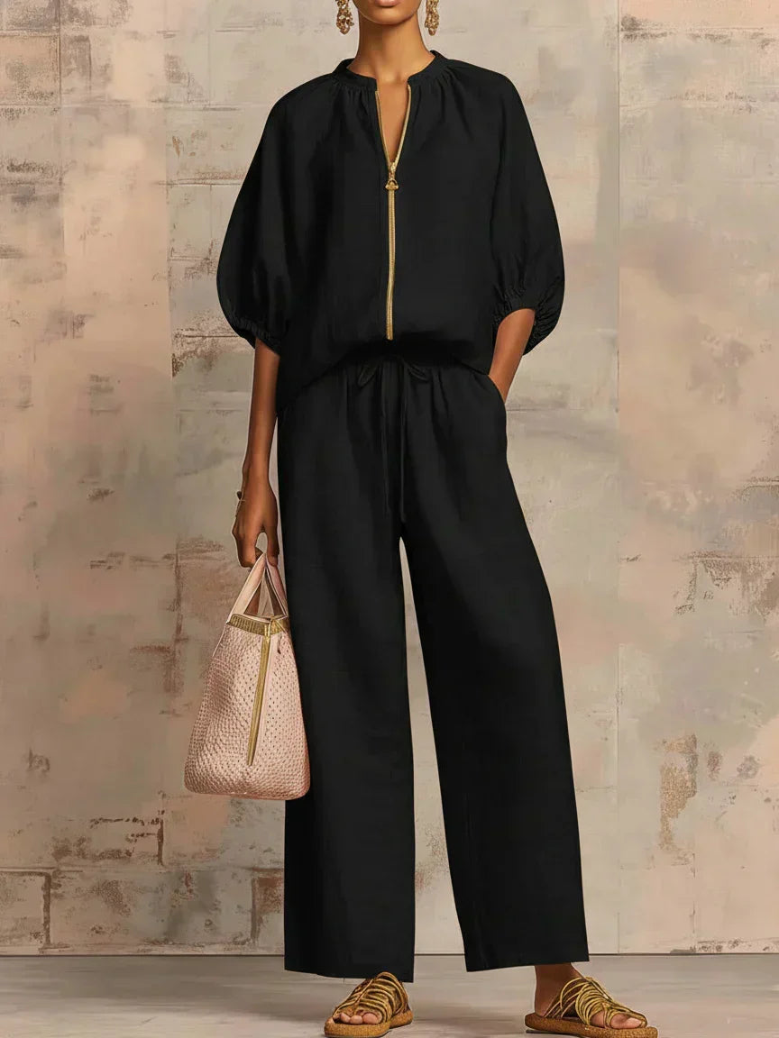 Henrietta Zweiteiliges Outfit mit Bluse und lockerer Hose, Nahaufnahme