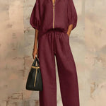 Henrietta Zweiteiliges Outfit mit Bluse und lockerer Hose, Seitenansicht