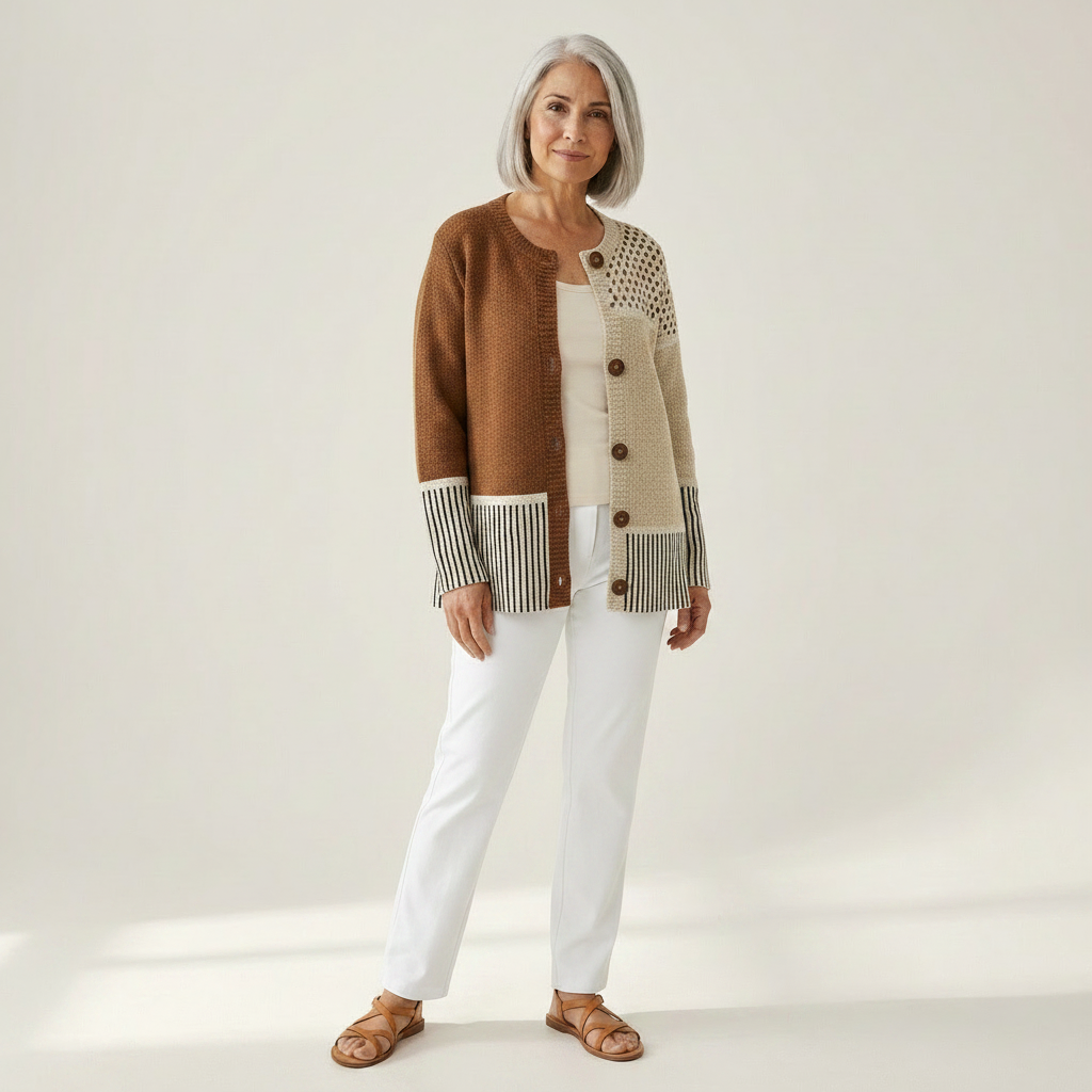 Renate Patchwork-Strickjacke in Braun & Creme, Vorderansicht