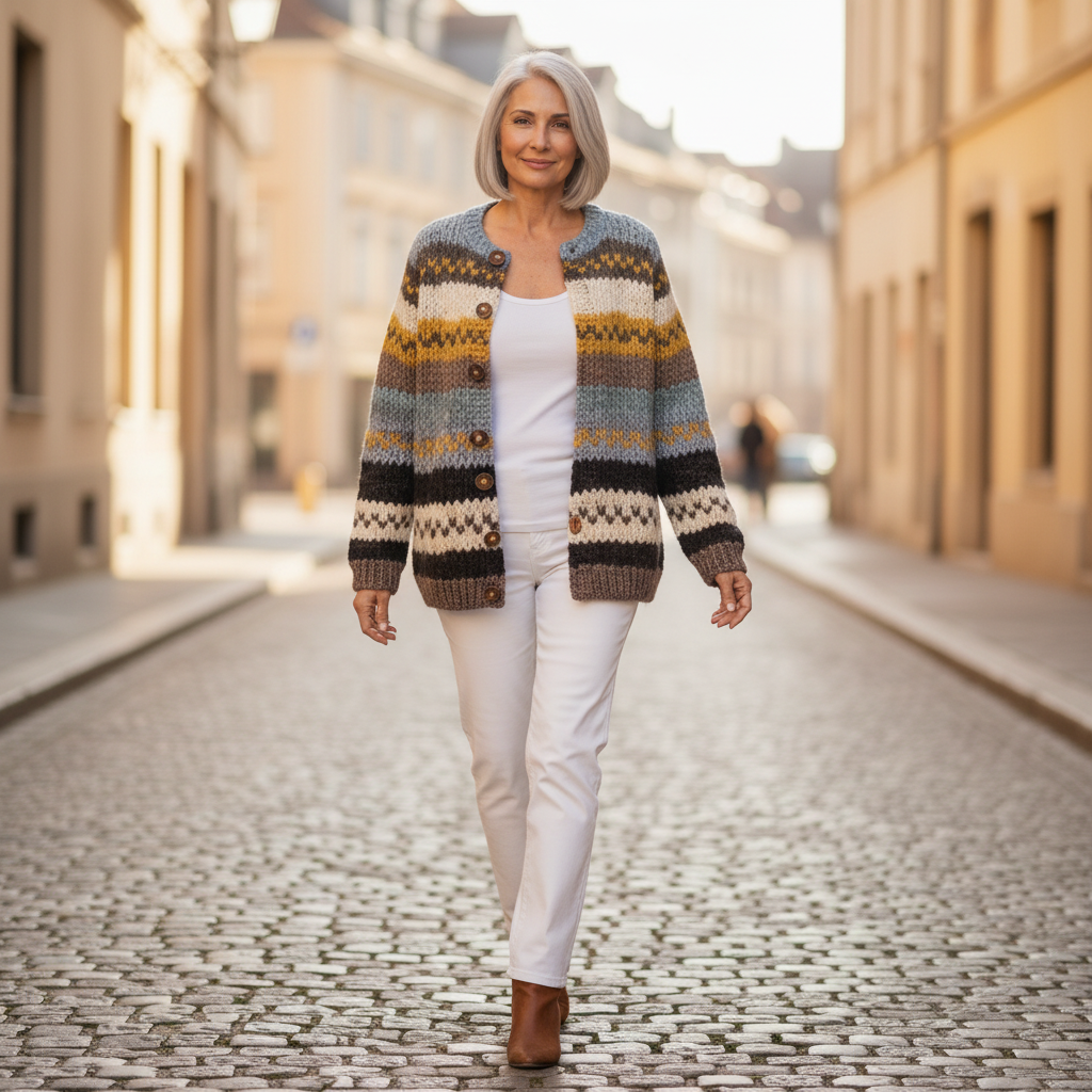 Ulrike Strickjacke mit Streifen in Blau & Senfgelb, im Alltag getragen